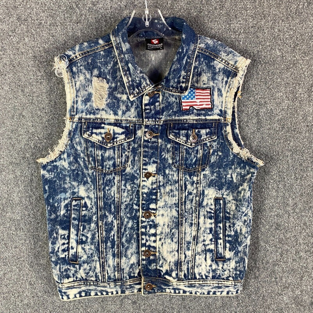 Southpole Denim Vest Men's Large Double Front Pockets USA Flag Patch‎ Adults L